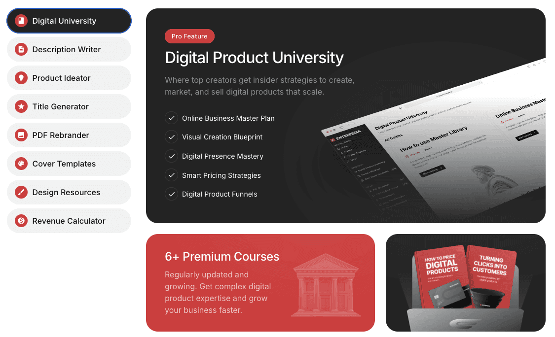 The complete Entrepedia system for selling digital products with learning resources, AI tools, and visual templates for faster growth.