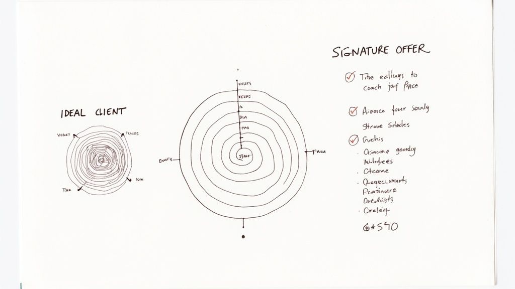 A person at a desk carefully crafting a plan for their signature coaching offer