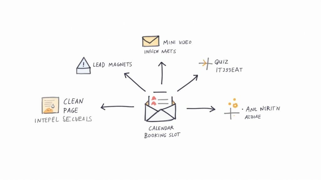 An illustration of an automated marketing funnel with icons for lead magnets, landing pages, and email sequences