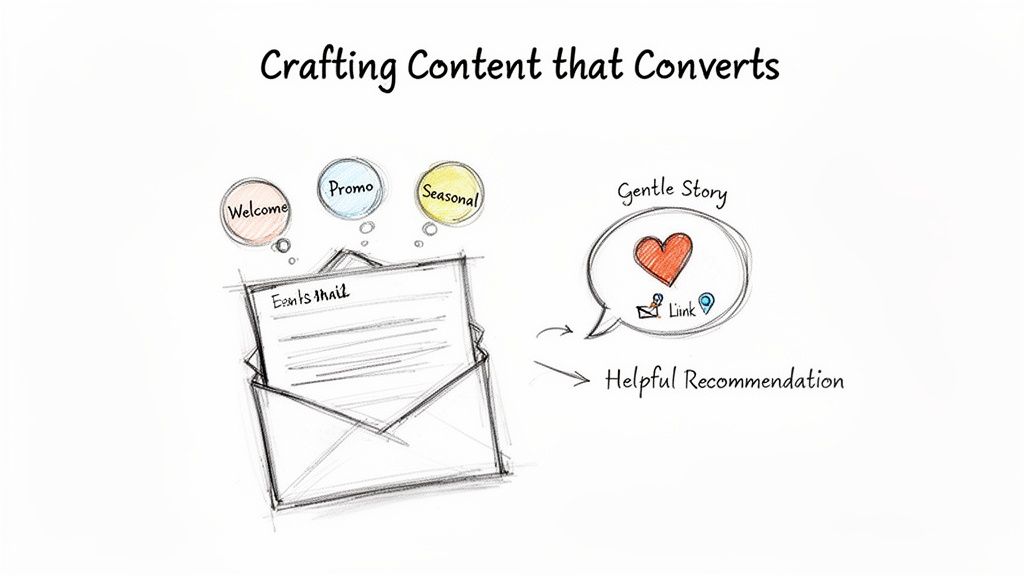 Illustrative diagram showing crafting email content (welcome, promo, seasonal) that converts through gentle stories and helpful recommendations with links.