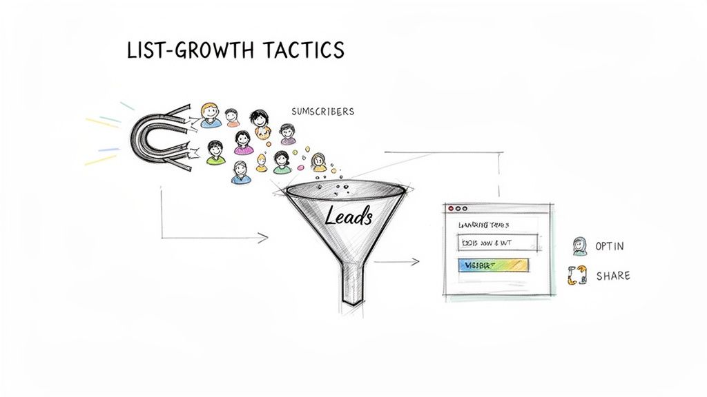 A diagram illustrates list growth tactics, showing a magnet attracting subscribers into a leads funnel, leading to a landing page with opt-in and share options.