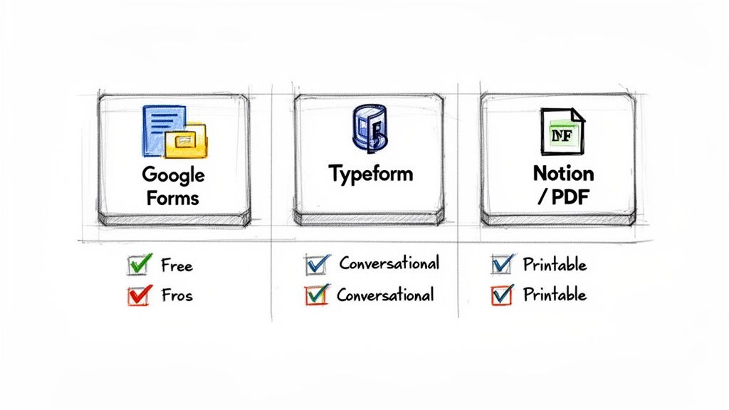 Comparison chart of Google Forms, Typeform, and Notion/PDF, highlighting features like free, conversational, and printable forms.