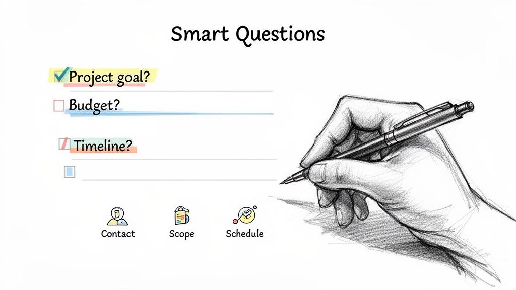 A hand drawing next to a 'Smart Questions' checklist about project goals, budget, and timeline.