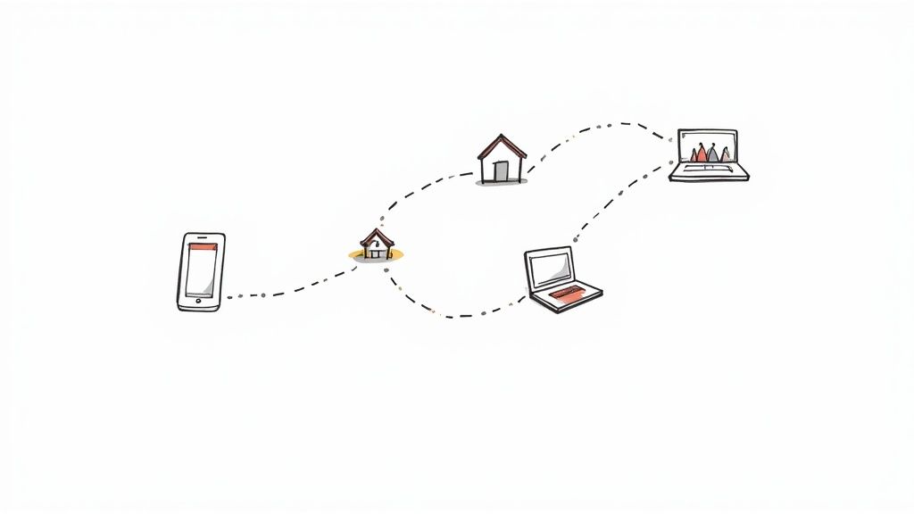 A digital network diagram illustrates data flow between a smartphone, two houses, and two laptops.