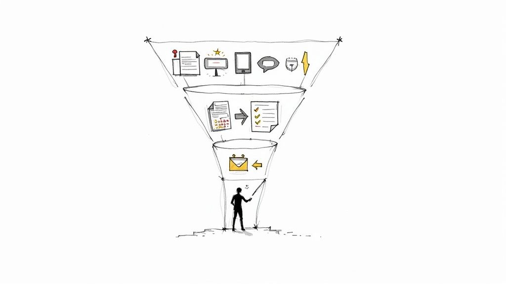 Consultant reviewing a lead generation funnel on a tablet