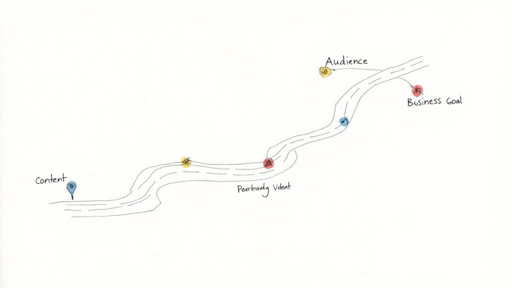 A person at a desk drawing a roadmap, representing the creation of a content marketing strategy.