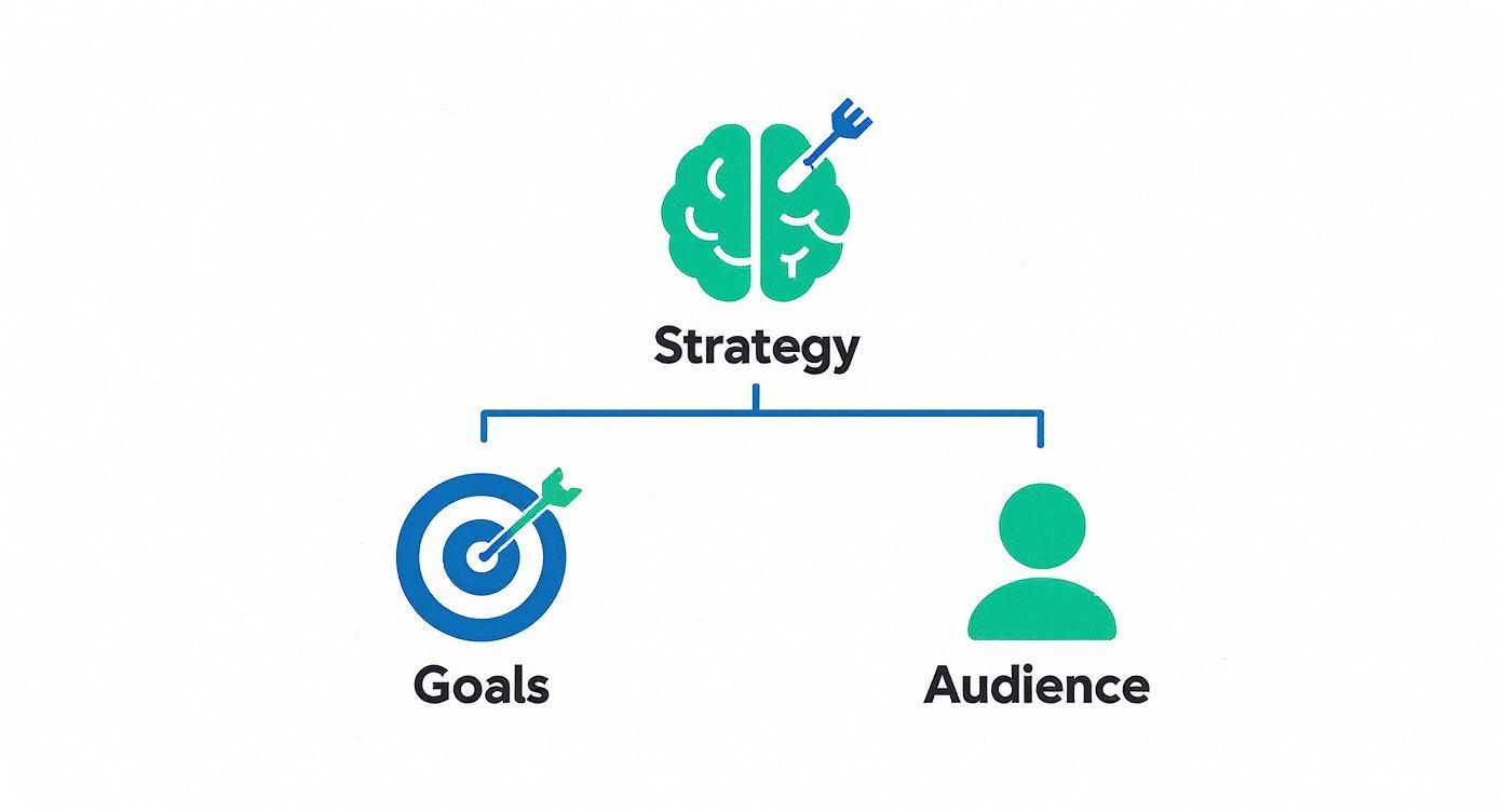 This infographic illustrates the foundational elements of a content strategy, with 'Strategy' at the top supported by 'Goals' and 'Audience' below.