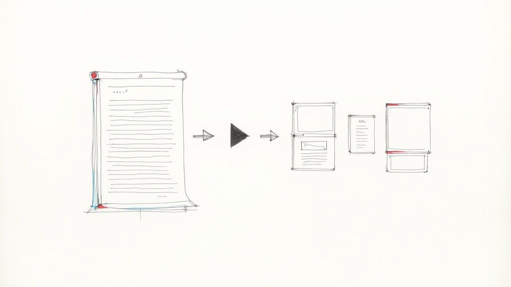 A visual representation of content repurposing, showing a long document transforming into multiple digital formats.