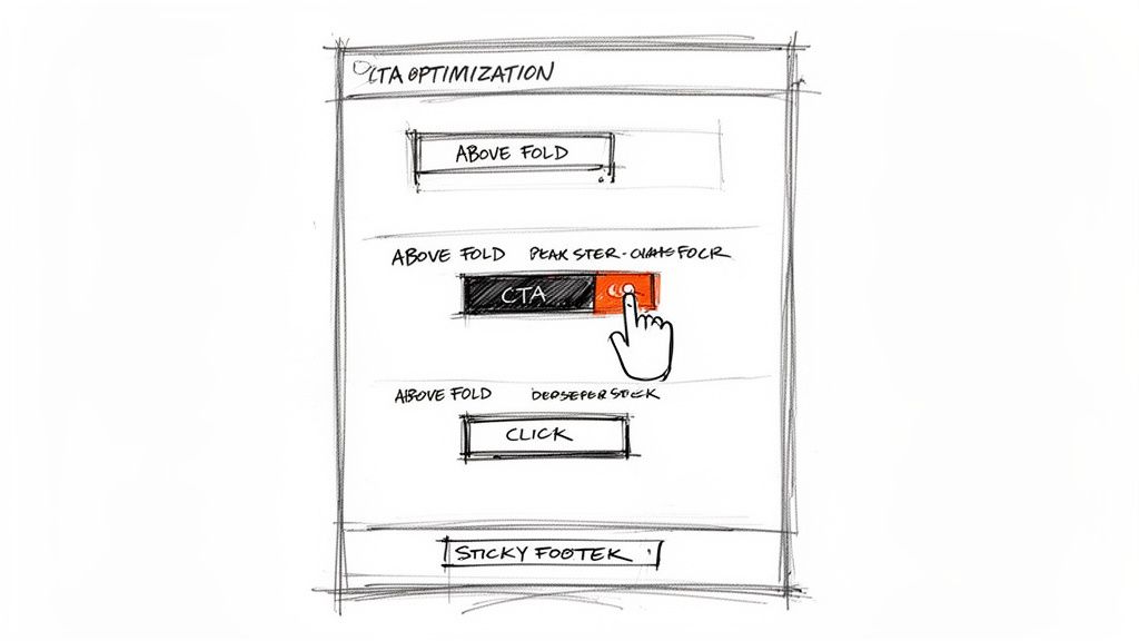 Hand-drawn wireframe sketch illustrating CTA optimization strategies with various button placements.