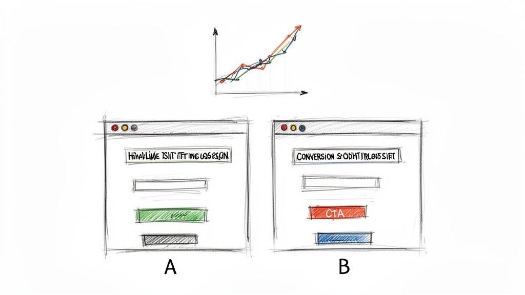Sketch of an upward trending graph above two browser windows, representing A/B testing and conversion rate optimization.