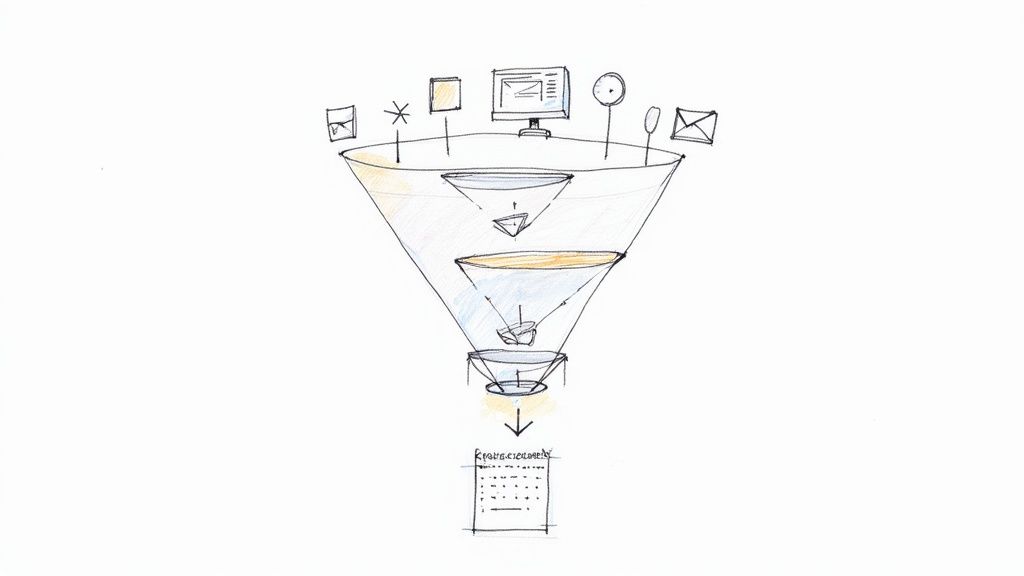 Hand-drawn illustration of a data filtering funnel, processing diverse inputs into a structured requirements checklist.
