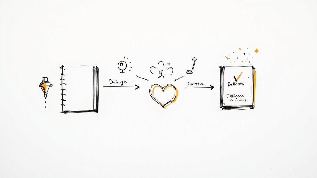 A hand-drawn diagram illustrating the creative process from design concepts to delighted customers.