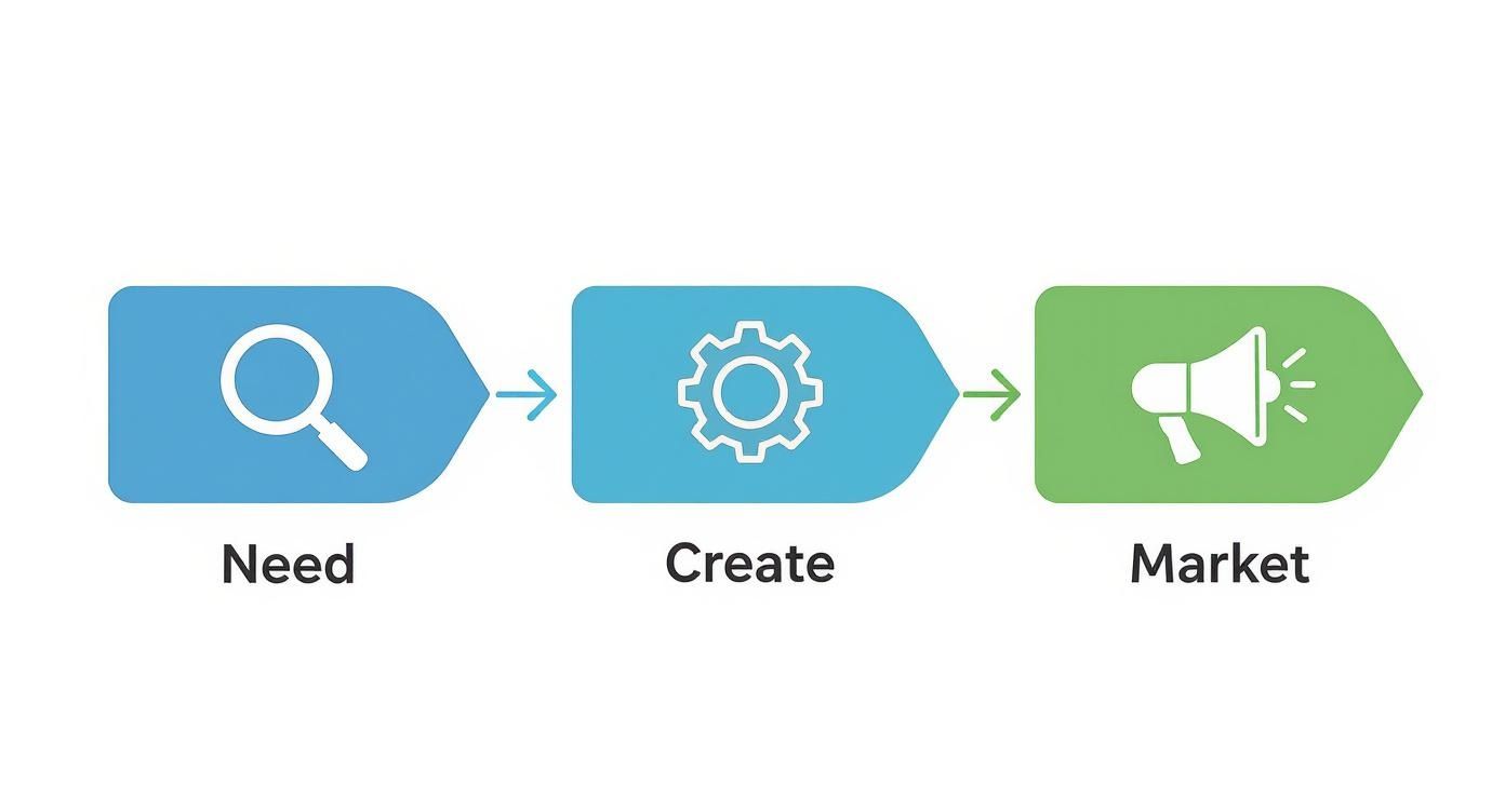 A three-step business process flow diagram illustrating Need, Create, and Market with icons.