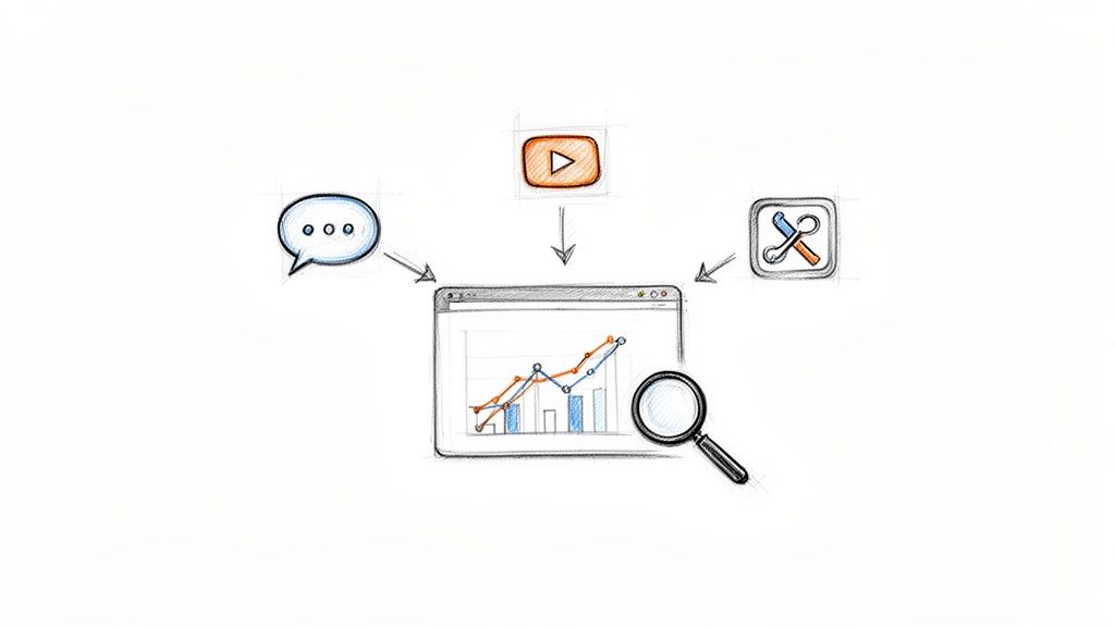 Sketch of digital marketing data from chat, video, and tools analyzed on a screen with a magnifying glass.