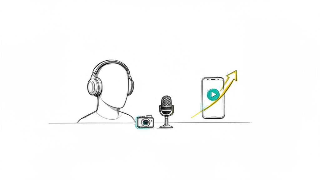 Sketch of a person with headphones, camera, microphone, and smartphone with an upward growth arrow.