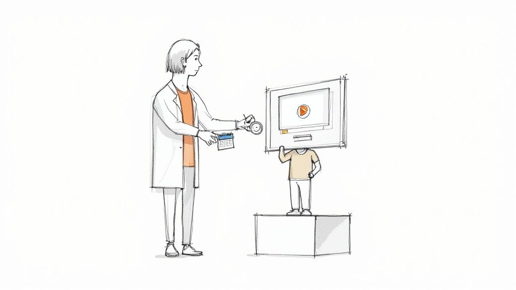 A person in a lab coat measures time with a stopwatch and calendar for a monitor-headed figure.