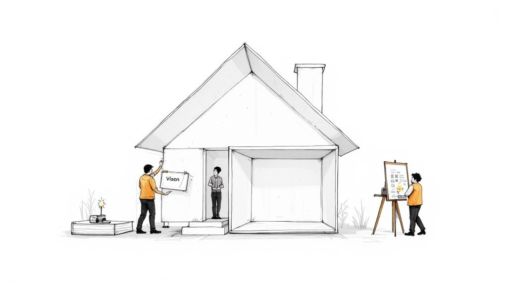 Three people collaborate on building a conceptual house, one holding a 'Vision' sign, another sketching ideas.