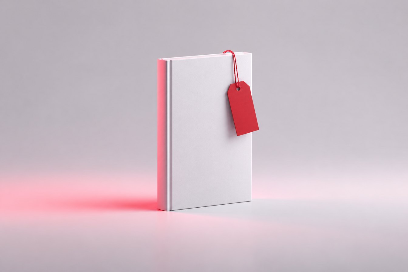 A white hardcover book with a red price tag, illustrating what a ghostwriter costs