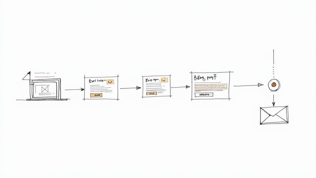 A woman strategizing her email list growth on a laptop, with charts and icons overlaid.