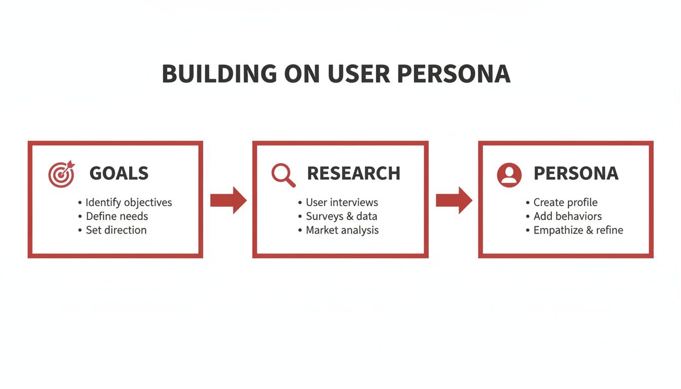Flowchart illustrating the process of building user personas, detailing steps like goals, research, and persona creation.