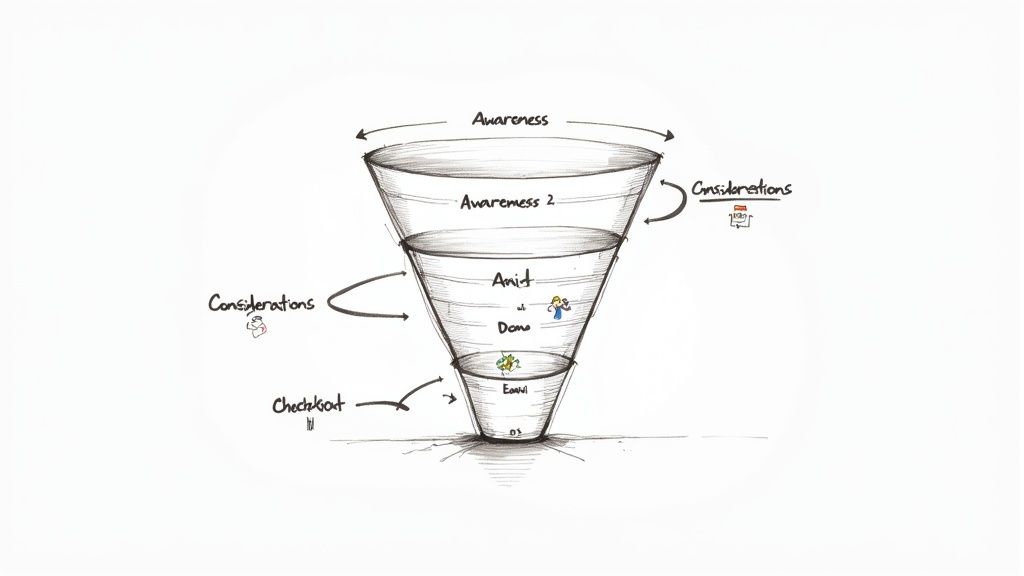 A visual representation of a sales funnel, showing different stages from awareness to conversion