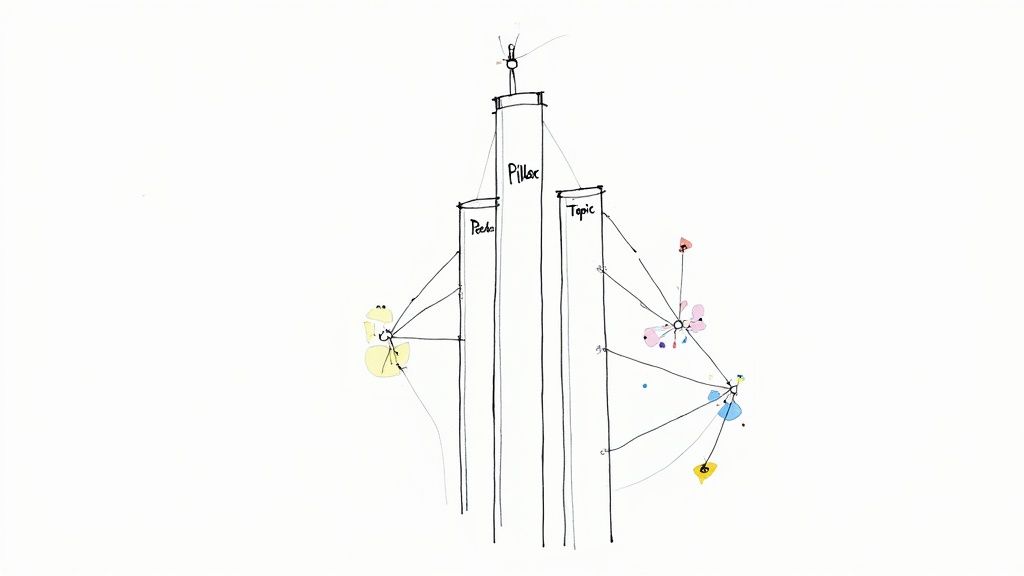 Hand-drawn diagram illustrating a content strategy with labeled pillars, topics, and related content clusters.