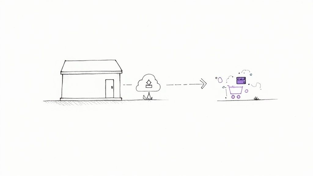 Digital product workflow illustration showing store uploading to cloud and delivering to shopping cart