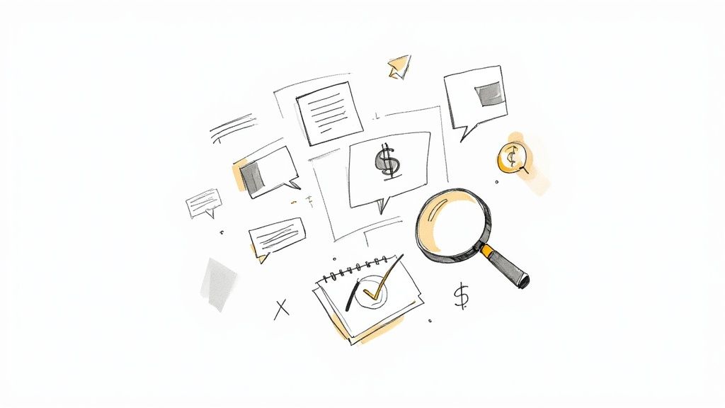 Flat lay of digital product research tools including magnifying glass, notebook, and financial documents