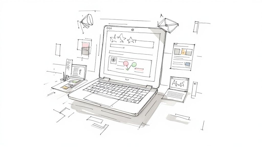 A person setting up a marketing funnel on a digital screen, with icons for landing pages, emails, and social media.