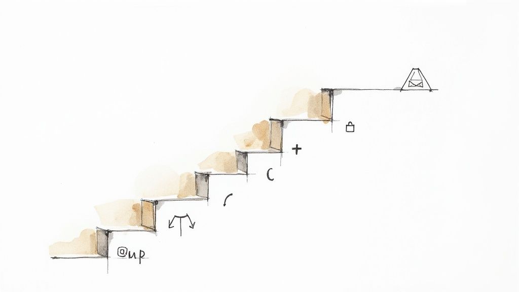 A hand-drawn sketch depicting a staircase with symbols on each step, representing progress or stages.