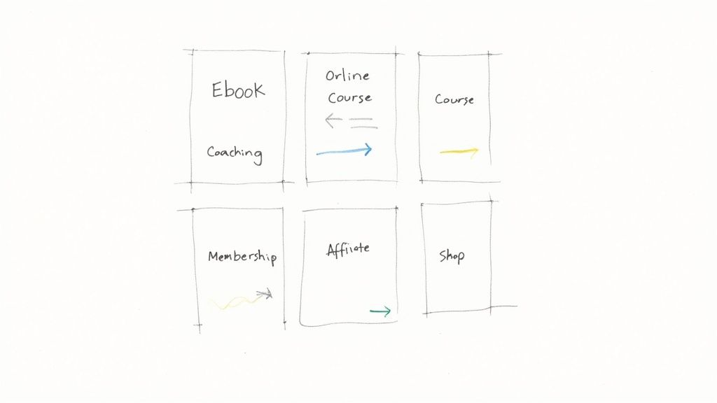 A hand-drawn diagram illustrating various income streams, including ebook, coaching, online course, membership, affiliate, and shop.