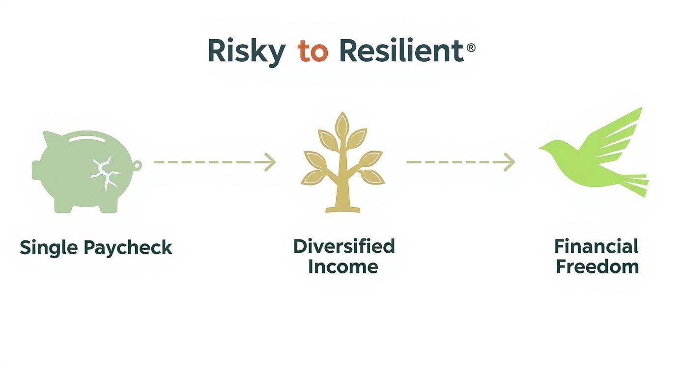 Infographic showing the path from single paycheck risk to financial freedom through diversified income.