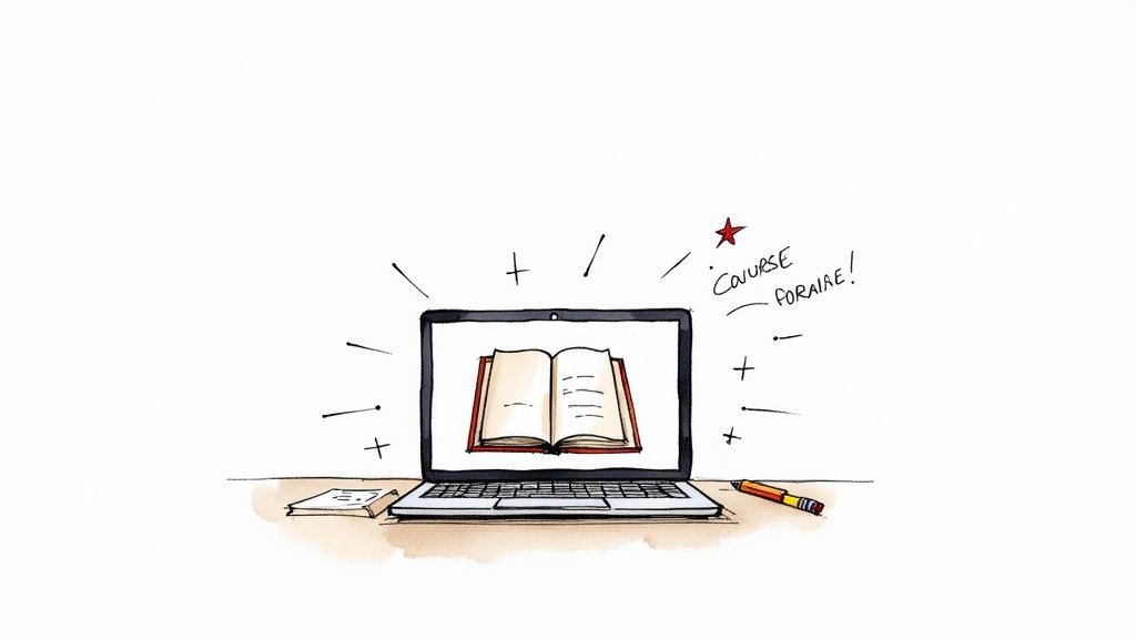 A person working on a laptop, creating a digital product like an ebook or course