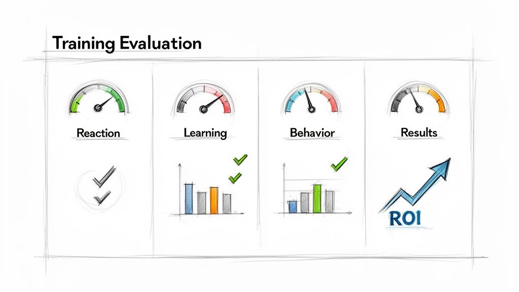 Infographic illustrating the four levels of training evaluation: Reaction, Learning, Behavior, and Results (ROI).