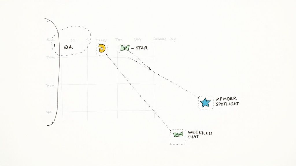 A hand-drawn calendar or workflow diagram illustrating community events like QA, STAR, Member Spotlight, and Weekly Chat.