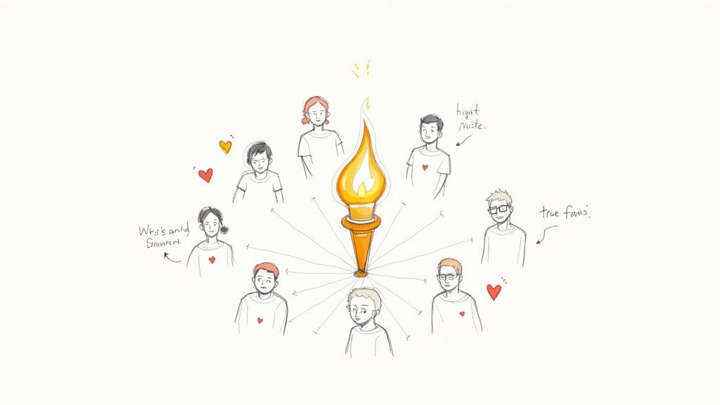 Hand-drawn illustration of a torch surrounded by diverse people, representing different community members and fans.