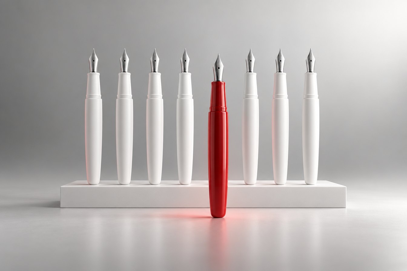 A row of white fountain pens with one red pen stepping forward, illustrating choosing a ghostwriter