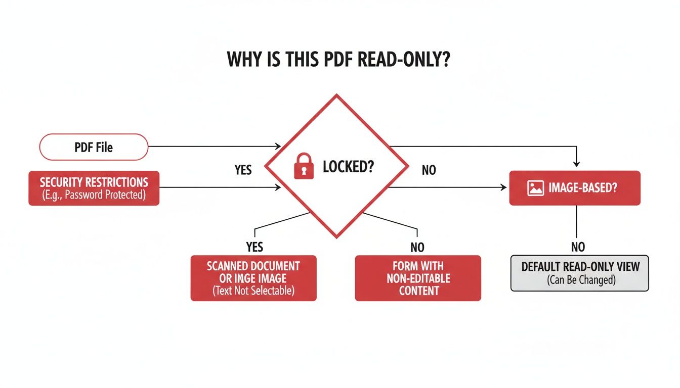 Diagram explaining why a PDF document might be read-only due to locking, image content, or viewer settings.