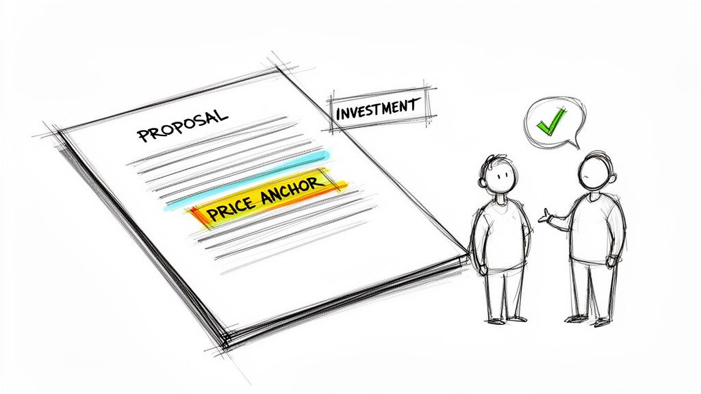 A drawing of a business proposal document with 'Price Anchor' highlighted, and two people agreeing on an investment.