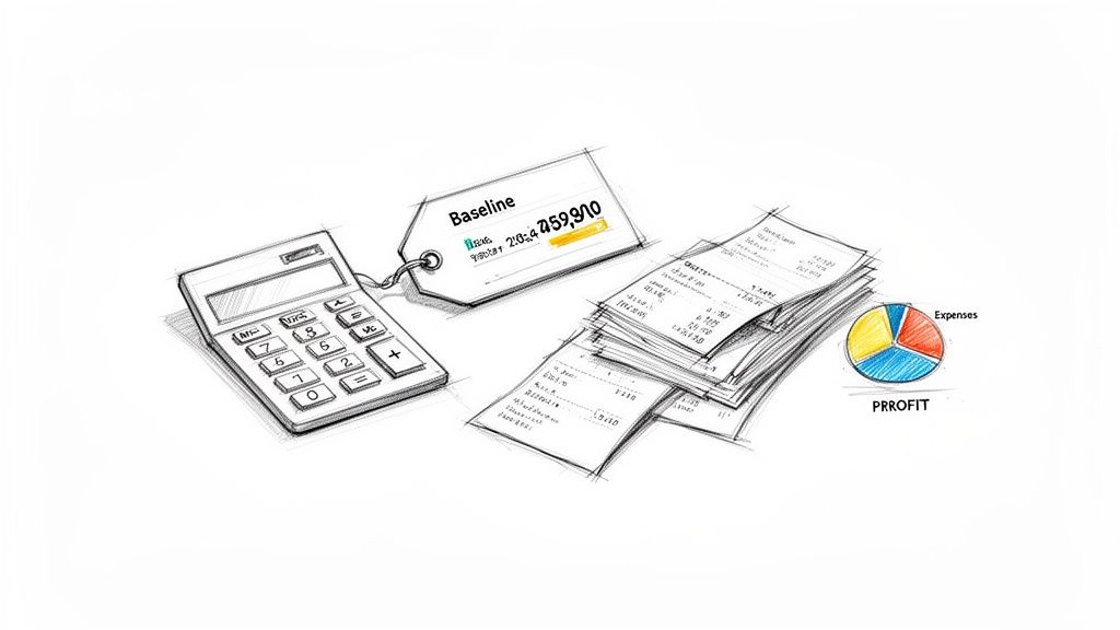 A sketch showing a calculator, a 'Baseline' price tag, receipts, and a pie chart for financial analysis.