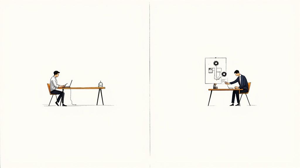 Consultant sitting at a desk, looking thoughtful and strategic, symbolizing a shift from reactive work to proactive business building.