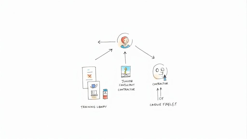 A diverse team of professionals collaborating around a table, symbolizing strategic hiring and teamwork in a consulting business.