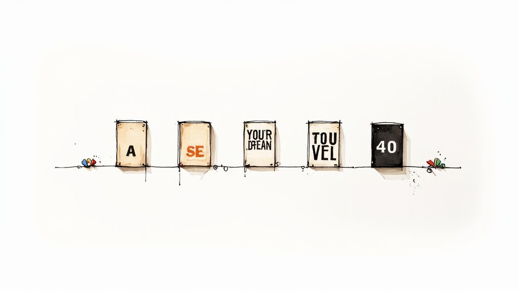 Watercolor illustration of five books lined up spelling out 'A SE YOUR DREAM TOUVEL 40'