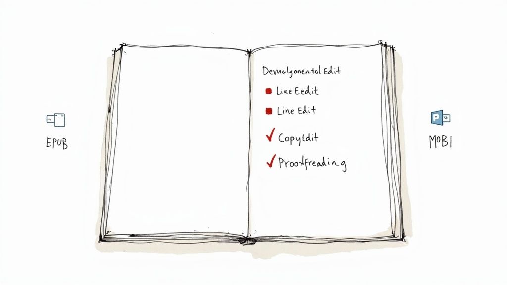 Open book showing developmental edit checklist with copyedit and proofreading checked, EPUB and MOBI formats indicated