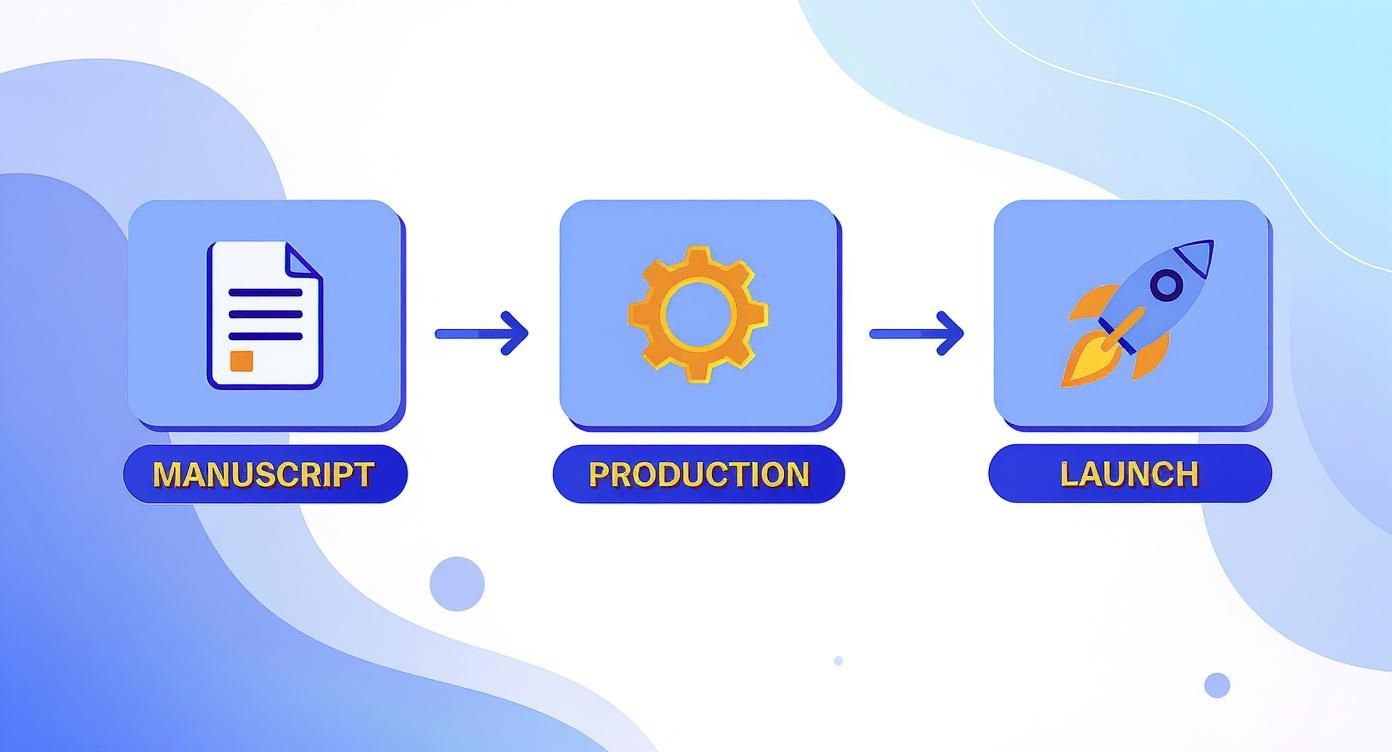Three-stage ebook publishing workflow showing manuscript to production to launch process with arrows