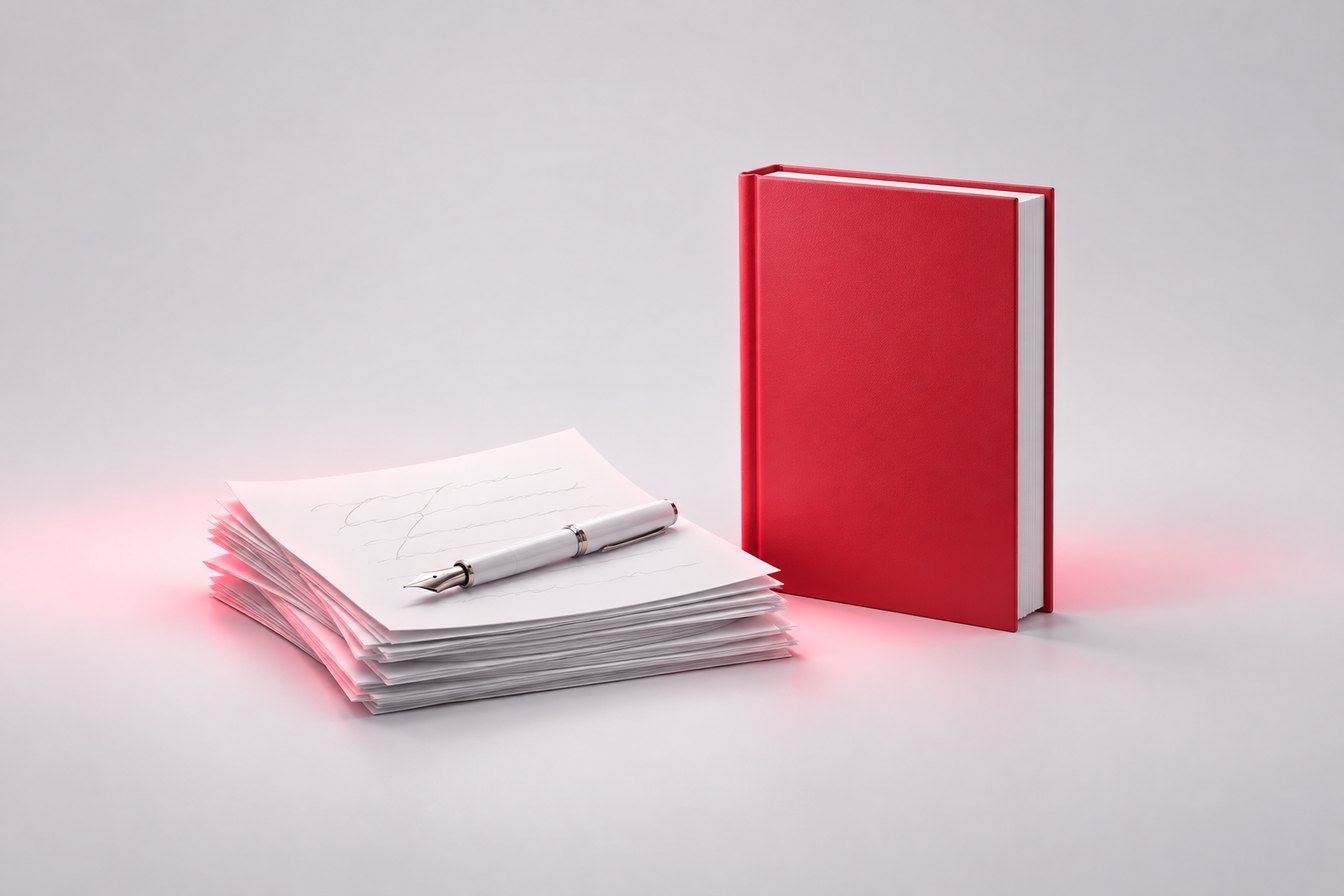 A stack of draft pages with a fountain pen next to a finished red hardcover book