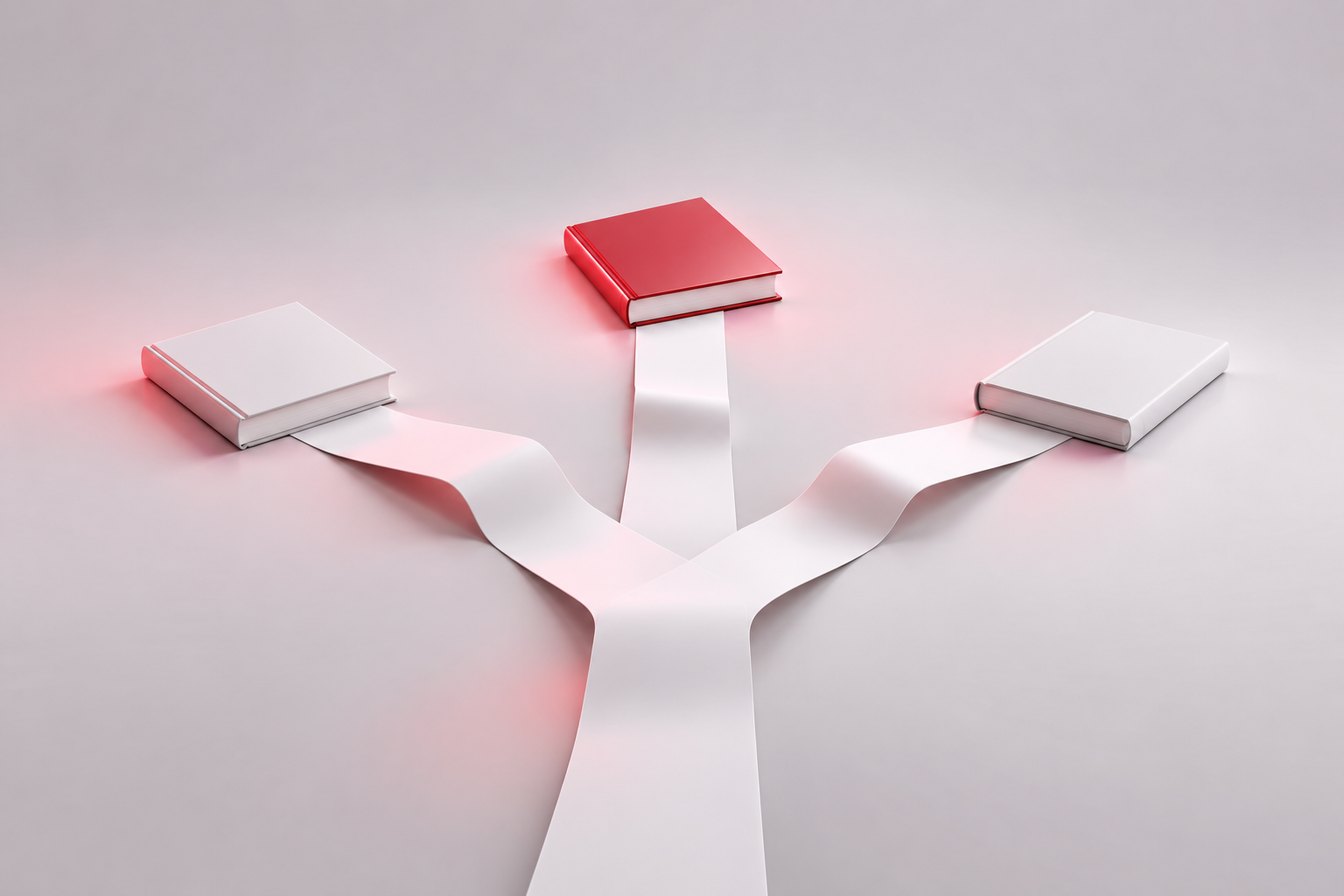 A paper path splitting into three routes, each ending at a book, illustrating publishing options