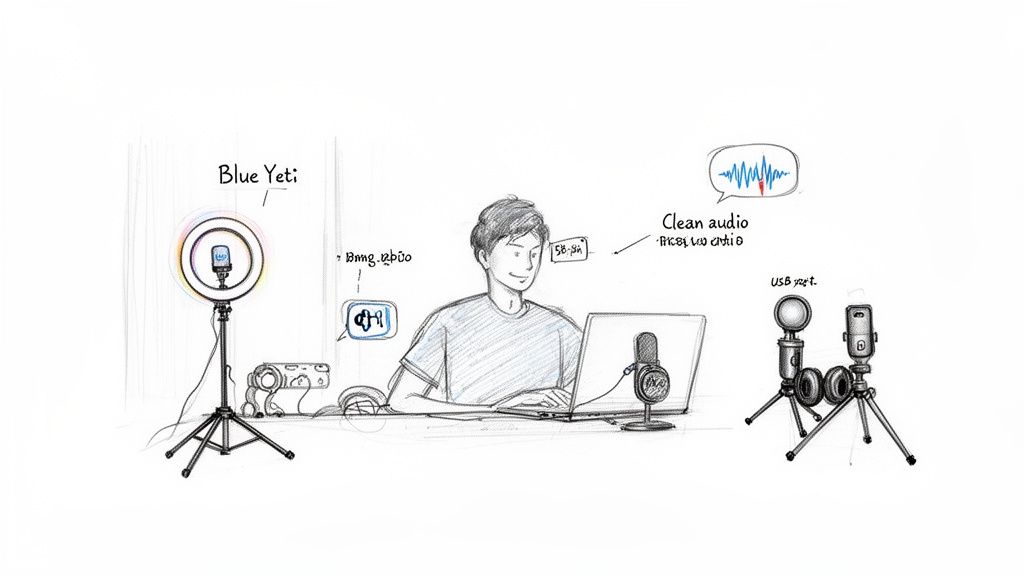 A hand-drawn illustration of a content creator with various audio recording equipment and a laptop.