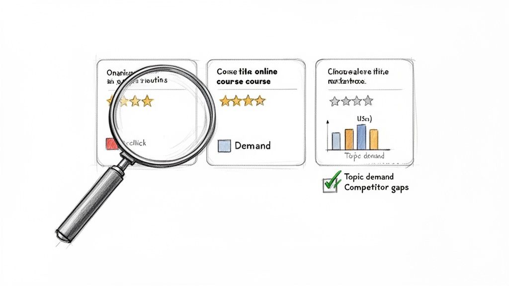 A magnifying glass examining course idea cards with star ratings, demand, and bar charts for market research.