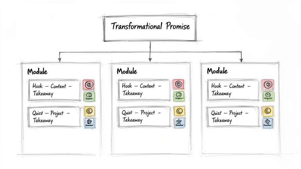 Hand-drawn diagram of a course structure showing a transformational promise and three modules.